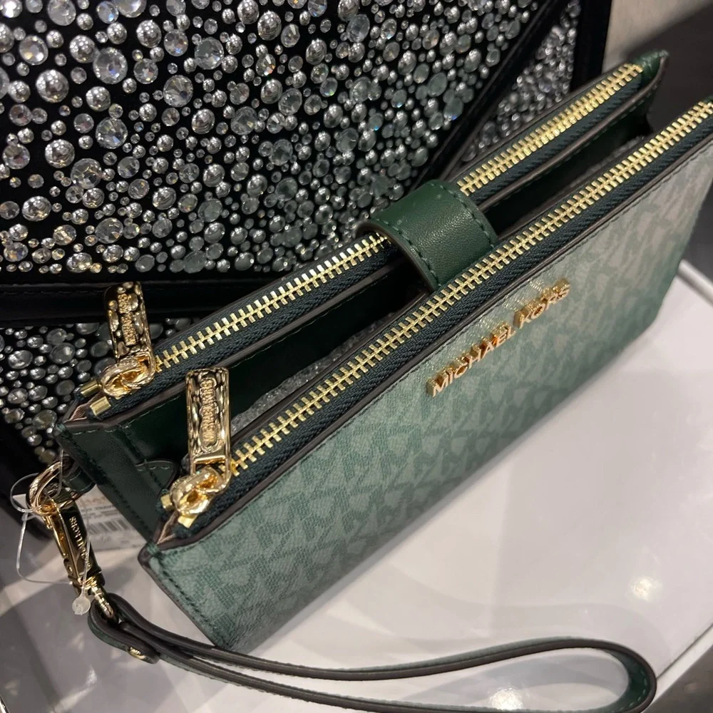 MICHAEL KORS Jet Set Lg Ombré Signature Logo Double Zip Wristlet Wallet  Moss